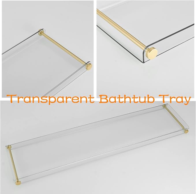 Clear Acrylic Bathtub Tray, Gold Rail Waterproof Tub Caddy Accessory | Sturdy Transparent Panel, Holds Reading Materials, Cell Phones and Wine Glasses, Ideal Spa Decor and Premium Gift for Women