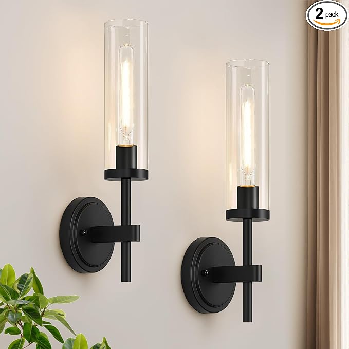 Hardwired Wall Sconces Set of Two, Matte Black Bathroom Sconces with Clear Glass, Modern Wall Light Fixtures for Bathroom Mirror Vanity, Living Room, Bedroom, Hallway, Stairway, Cabinet, Foyer