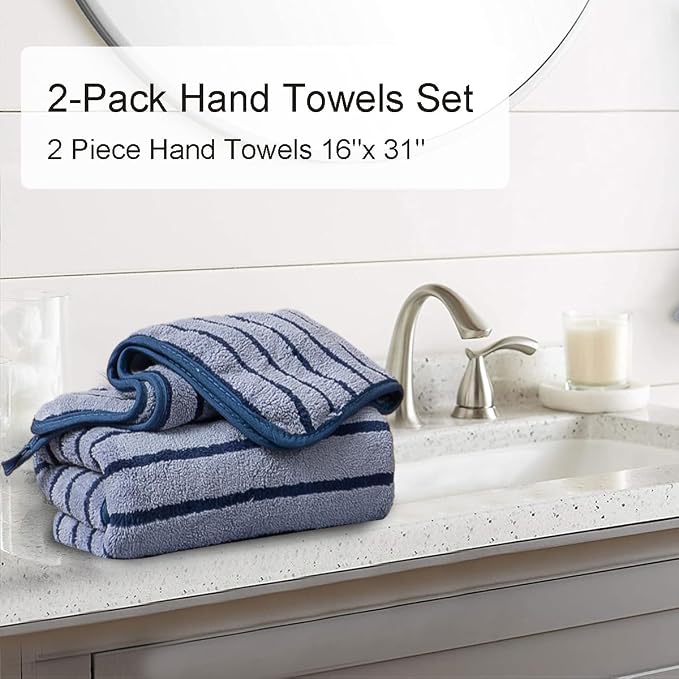 2 Piece Navy Cabana Stripe Hand Towels for Bathroom 16"x31" Ultra Soft Breathable Hand Face Towels Highly Absorbent Towels Quick Dry Beach Chair Towel for Spa Gym Hotel Travel Camp