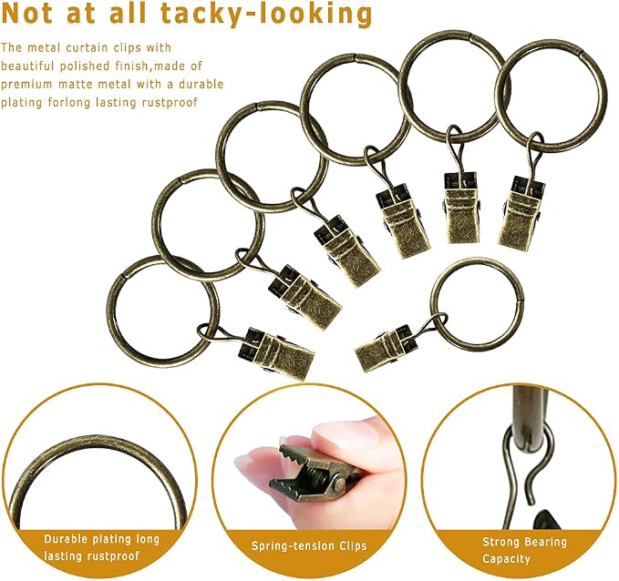 Lansian 44 Pack Curtain Rings with Clips Hooks 1 in Diameter Rustproof | Metal Stainless Steel Drapery Rings for Tension Rod Bracket Eyelets Decorative Hanger, Fits 3/4 in Rods, Antique Brass