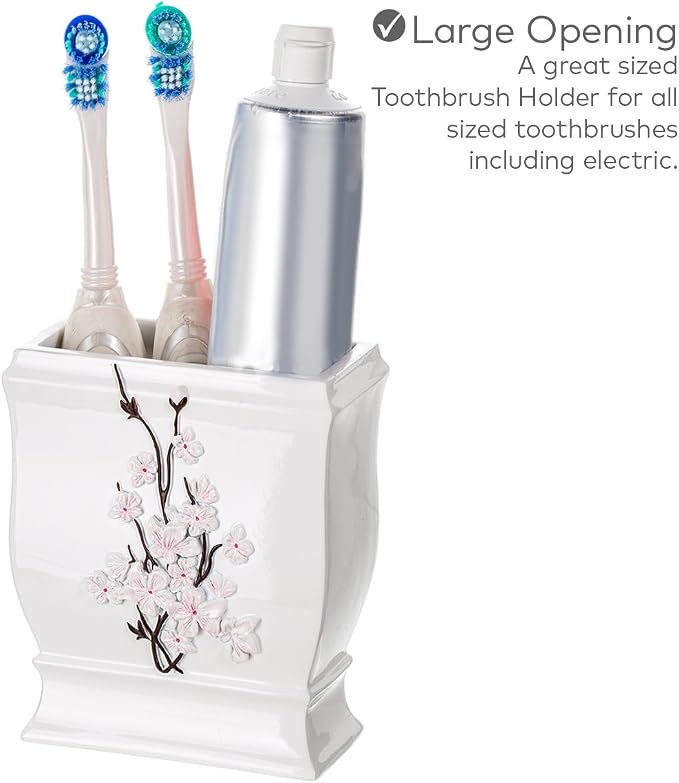 Vanda Cherry Blossom 4 Piece Resin Bathroom Accessories Set | Includes Soap Dispenser, Toothbrush Holder, Tumbler Cup & Soap Dish