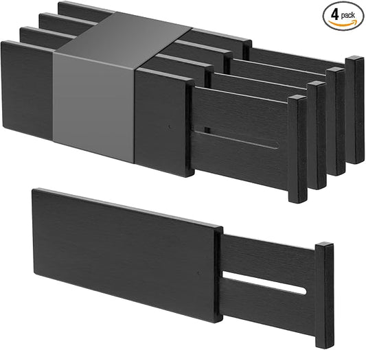 Utoplike Dresser Drawer Dividers, 4" High Black Drawer Organizers Clothes | Adjustable, Spring Loaded, Works in Kitchen, Bathroom, Bedroom, Drawer, Desk, 4 PCS for Clothing, Fit 14"-16" Inner Drawer