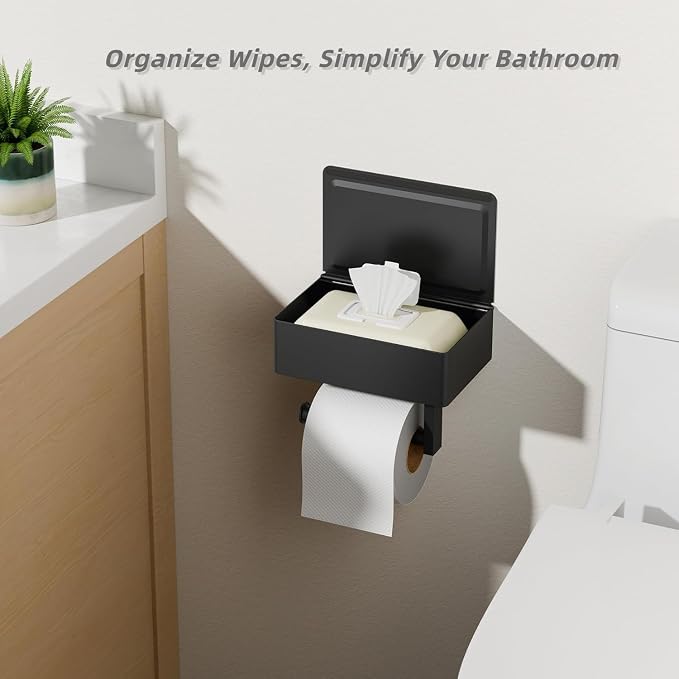 FORIOUS Toilet Paper Holder with Shelf, Wall-Mounted Modern Wipes Dispenser | Matte Black | Toilet Paper Holder with Storage | Flushable Wipes Dispenser for Bathroom | Sanitary Napkin Tampon Holder