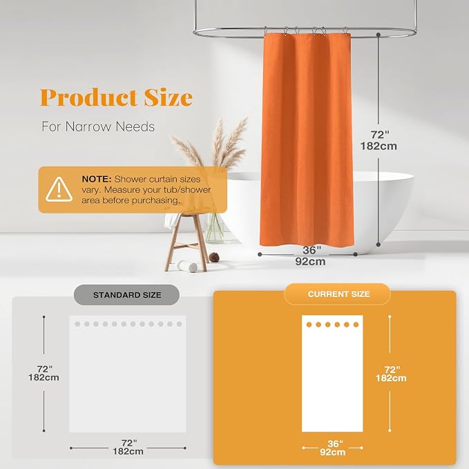 Stall Linen Textured Waterproof Shower Curtain, 36x72, Burnt Orange | Half Size, 230GSM Polyester, Heavy Duty Fabric, Weighted Hem, 6 Plastic Hooks, Modern Luxury Hotel Style, Machine Washable