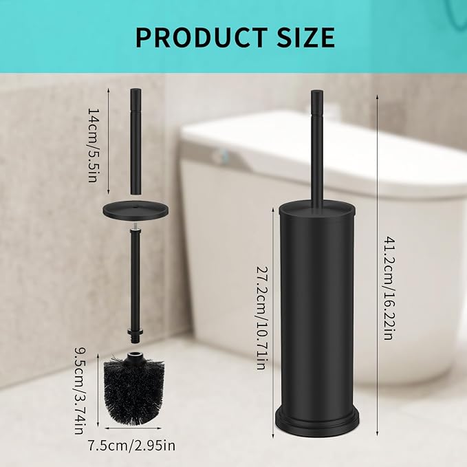 Toilet Brush and Holder Set,304 Stainless Steel Toilet Brush for Bathroom with Long Handle, Heavy Duty Toilet Bowl Brush,Removable Inner Bowl and Splash Protection,Deep Cleaning (Black)