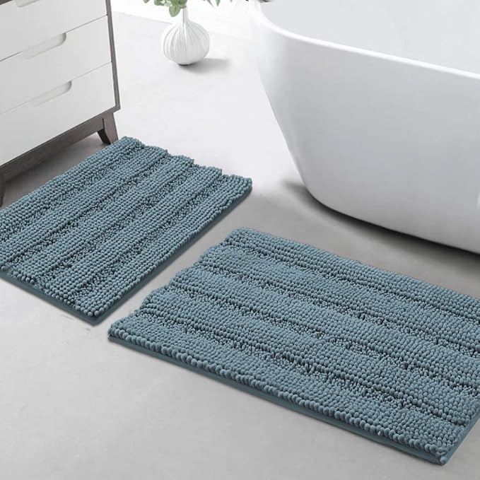Turquoize Chenille Bath Rugs Shaggy Bathroom Rugs Non Slip Bath Rugs for Bathroom 20 x 32 and 17 x 24 Stone Blue Bath Rug Extra Soft and Absorbent Area Rug, (20" x 32" and 17" x 24"), Stone Blue