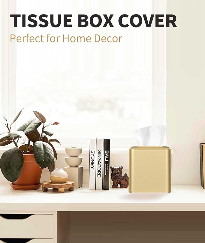 Livelab Tissue Box Cover, Square Metal Tissue Box Holder Modern Decor Facial Napkin Holder Tissue Box Dispenser for Bathroom Vanity Countertop, Living Room, Bedroom, Office - Gold