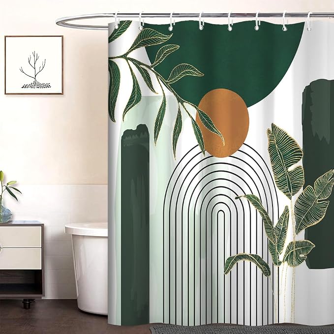 Abstract Boho Green Shower Curtain for Bathroom 72x96 Inch | Waterproof Emerald-green Leaves Shower Curtain Set with Hooks, Mid Century Bathroom Decor