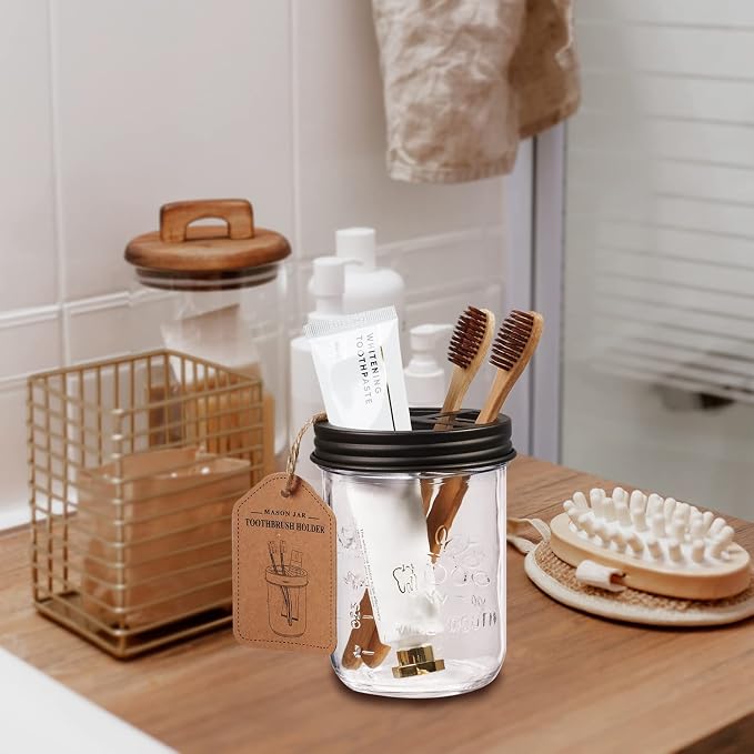 Amolliar Mason Jar Toothbrush Holder, Rustproof Stainless Steel, Bronze | Toothbrushes and Toothpaste Holder with Chalkboard Labels - Farmhouse Décor Bathroom Countertop and Vanity Storage Organizer