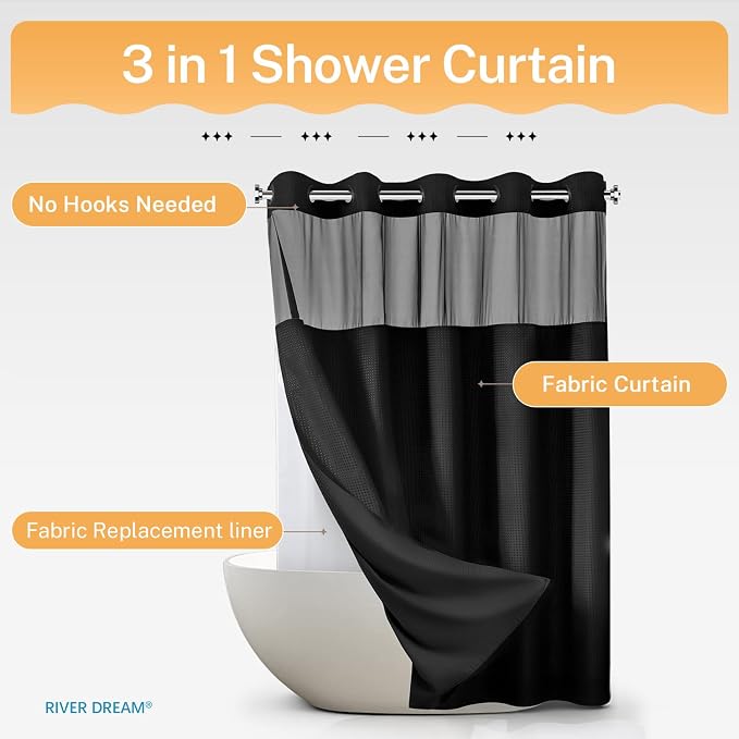 RiverDream Heavyweight Waffle No Hook Shower Curtain with Liner,Black,71x80 | Dotted Waffle,Snap-in Liner,Heavy Duty,Quick Dry,Mesh Top Window,With Bottom Magnets,Hotel-Grade,Washable,Long Size