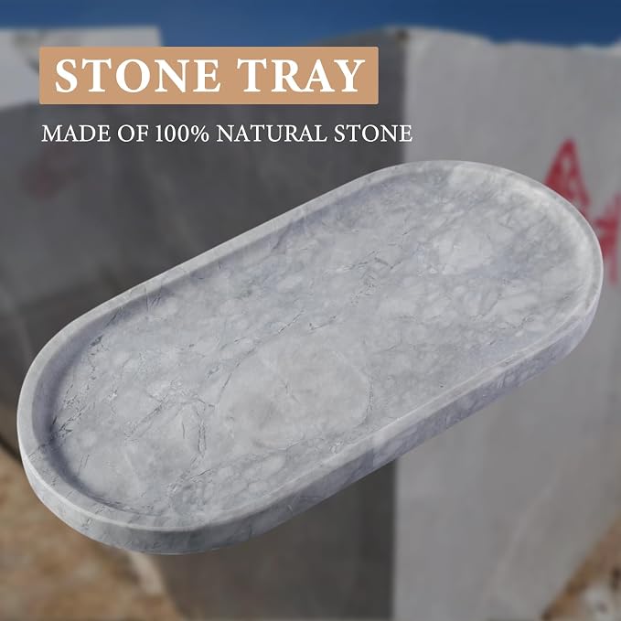 Grey Marble Tray for Bathroom Countertop, 12"x6" Vanity Decorative Marble Tray for Dresser, Stone Catchall Trays for Perfume, Candles, Jewelry, Stone Gray Storage Trays for Home Decor