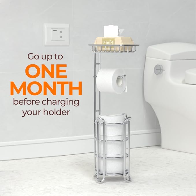 TreeLen Toilet Paper Holder Stand Toilet Tissue Roll Holder with Shelf for Bathroom Storage Holds Phone/ Wipe/ Mega Rolls-Shiny Chrome