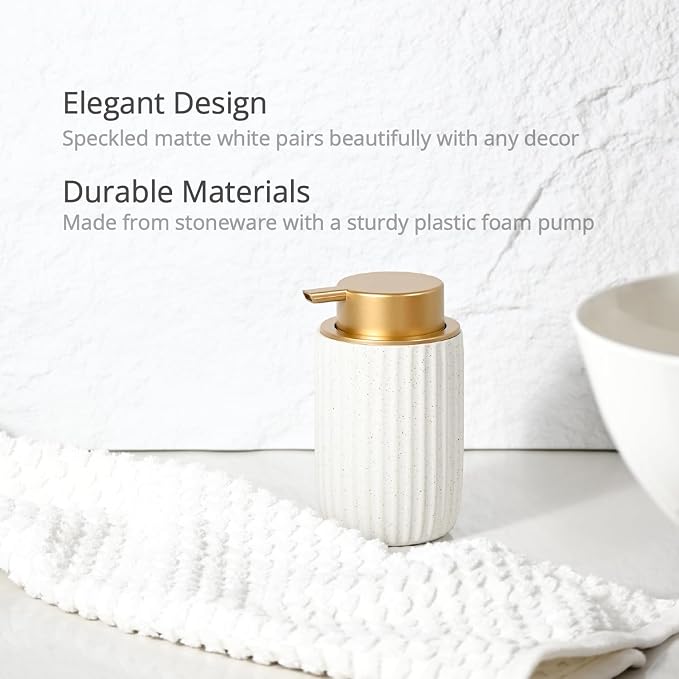 Speckled White Ceramic Foam Dispenser 2 Pack, Rippled Gold Top | Modern Minimal Design, Subtle Bathroom Upgrade, Elegant Gold Accent, Marble Decor Match, Soft Foam Pump, 12 oz Capacity