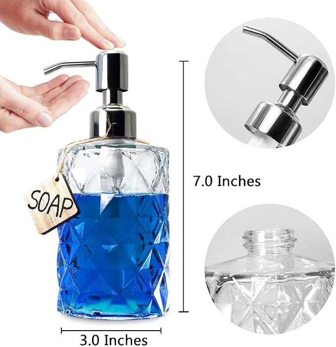 JASAI Diamond Design 12 Oz Glass Soap Dispenser with Rust Proof Pump | Kitchen Soap Dispenser with 304 Stainless Steel Pump, Bathroom Soap Dispenser for Hand Soap, Dish Soap, liquid Soap(Clear)