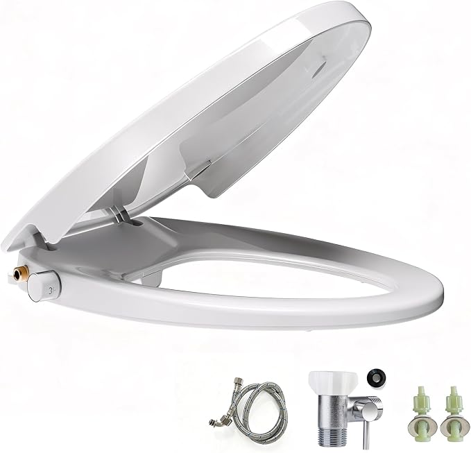Elongated Bidet Toilet Seat with Soft-Close Lid, Self-Cleaning Dual Nozzles, Non-Electric Bidet Seat with Adjustable Water Pressure, White Toilet Seat for Elongated Toilets with Brass