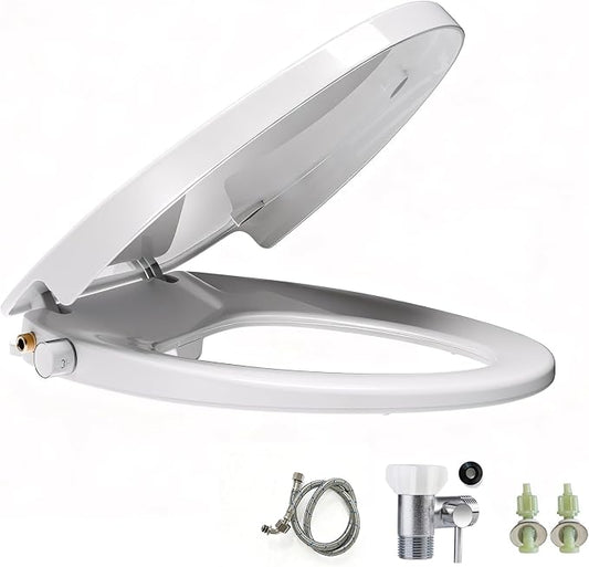Elongated Bidet Toilet Seat with Soft-Close Lid, Self-Cleaning Dual Nozzles, Non-Electric Bidet Seat with Adjustable Water Pressure, White Toilet Seat for Elongated Toilets with Brass