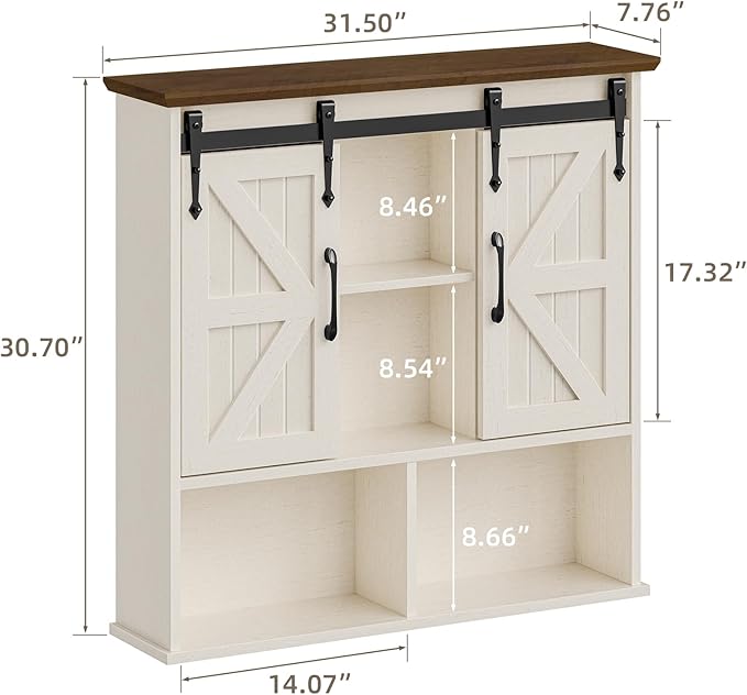 Vabches Bathroom Wall Cabinet, Farmhouse Medicine Cabinet, Rustic White | Wooden Vintage Storage Cabinet Wall Mounted with Double Sliding Barn Door and Adjustable Shelf for Bathroom, Kitchen