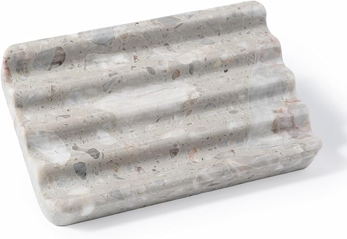Karibiber Soap Holder for Bathroom, Grey Marble Soap Dish for Kitchen Countertop, Soap Tray with Creative Wavy Design, Soap Saver for Bath Tub, Sponges, Italian Natural Stone