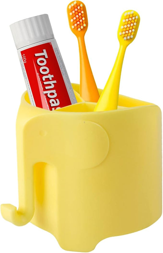 Elephant Toothbrush Holder for Kids, Suction Cup Electric Toothbrush and Toothpaste Holder for Toddler, Cute Toddler Toothbrush Holder with 3 Slots and a Hook for Hanging Bath Ball, Yellow