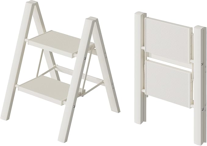 HillhutApex Aluminum Step Stool Foldable,2 Step Ladder (White) | Lightweight Portable step ladder with Anti-Slip Wide Pedal,330lbs Capacity Ladder for Household,Office,Kitchen