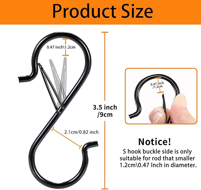 12 PCS S Hooks for Hanging with Safety Buckle, Heavy Duty Metal S Hooks | 3.5 inch S Shaped Hanger Hooks for Hanging Kitchen Utensil, Cups Pots Pan Closet Plants Purse Bags Hats (Black)