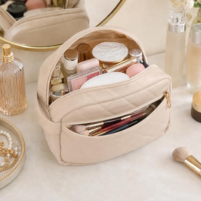 Travel Makeup Bag for Women | Quilted 9 x 4.5 x 6 in PU Leather Double-Layer Cosmetic Organizer with Mesh and Zipper Pockets, Travel Toiletry Bag, Beige