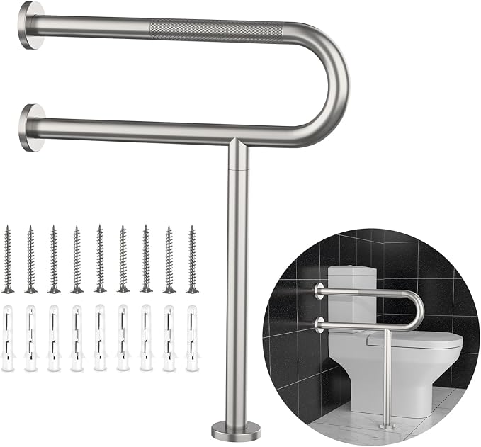 Toilet Grab Bar 24 Inch,YuanDe Wall to Floor Brushed Nickel Safety Grab Bar | Anti-Slip Knurled Grip,Stainless Steel Bathroom Handicap Grab Bar with Leg,Support Bar for Disabled Elderly Pregnant