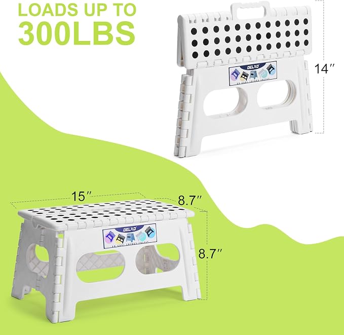 Delxo Folding Step Stool 9 inch,300Lbs Extra Wide Step Stool for Kids | Foldable Step Stool,15-Inch Extra Wide Non-Slip Foot Stools with Handle,Lightweight for Kitchen,Bathroom,Bedroom,Garden White