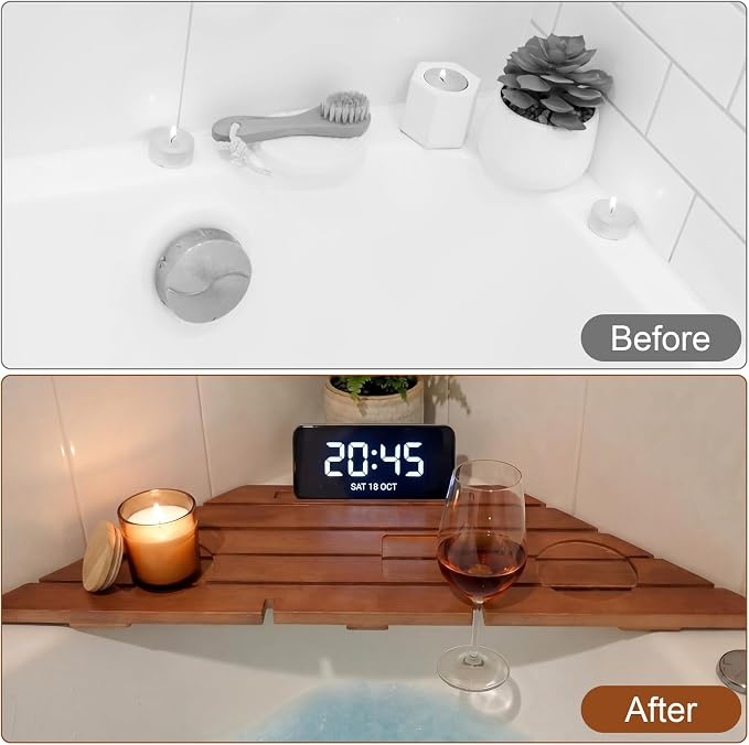 Corner Bathtub Tray Bamboo Non Slip Bathtub Corner Tray Caddy Farmhouse Bamboo Shelf for New Home House Warming Birthday Wedding Gifts for Couple Bridal Shower Gift for Women