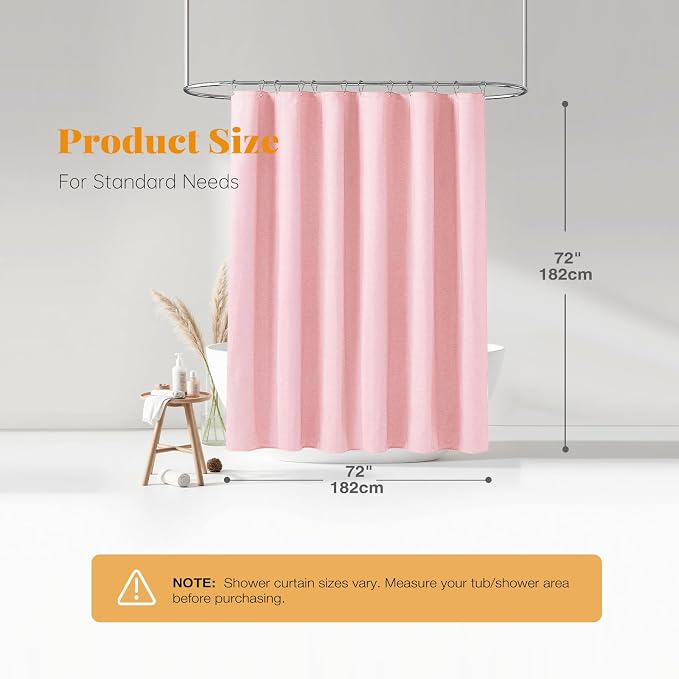 Pink Linen Textured Waterproof Thick Fabric Shower Curtain Set, 72x72 | 230GSM Polyester, Heavy Duty Cloth, Weighted Hem, 12 Plastic Hooks, Modern Hotel Style, Machine Washable, Bathroom Decor