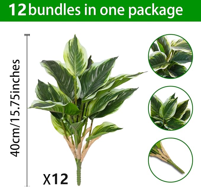 12PCS Artificial Hosta Plants Outdoor, Fake Hostas for Planters | UV resistant faux greenery with lush tropical leaves for porch, patio, garden pots, balconies and indoor outdoor decor
