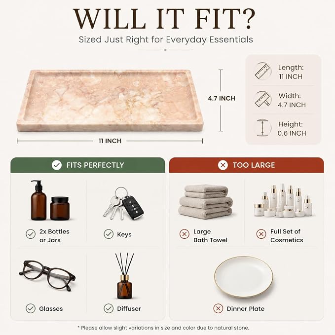 Pink Marble Tray for Vanity, Slim Natural Stone Decorative Tray for Bathroom, Perfume Organizer, Jewelry Dish, Kitchen & Entryway Countertop Decor, Small Rectangle Tray
