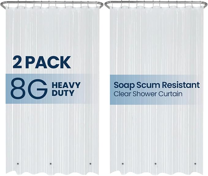 LiBa Shower Curtain PEVA 8G, 72x72 Inch Clear 2-Pack | Non-Toxic PEVA shower liner, waterproof plastic shower curtain, rust-proof grommets, weighted magnets, bathroom accessories