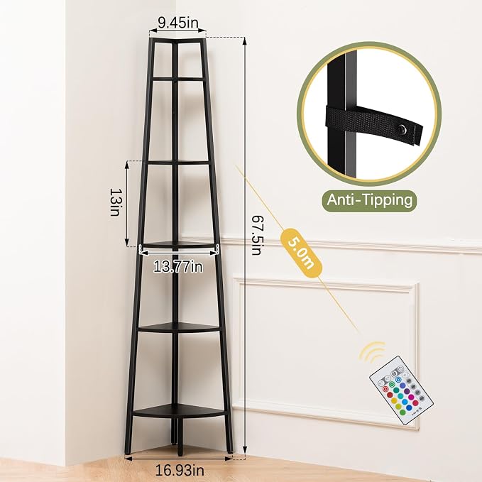 Yoobure Corner Shelf Stand, 5-Tier Bookshelf with LED Lights & Steel Frame, Tall Storage Shelves for Living Room, Bedroom, Office, Multi-Purpose Display Bookcase