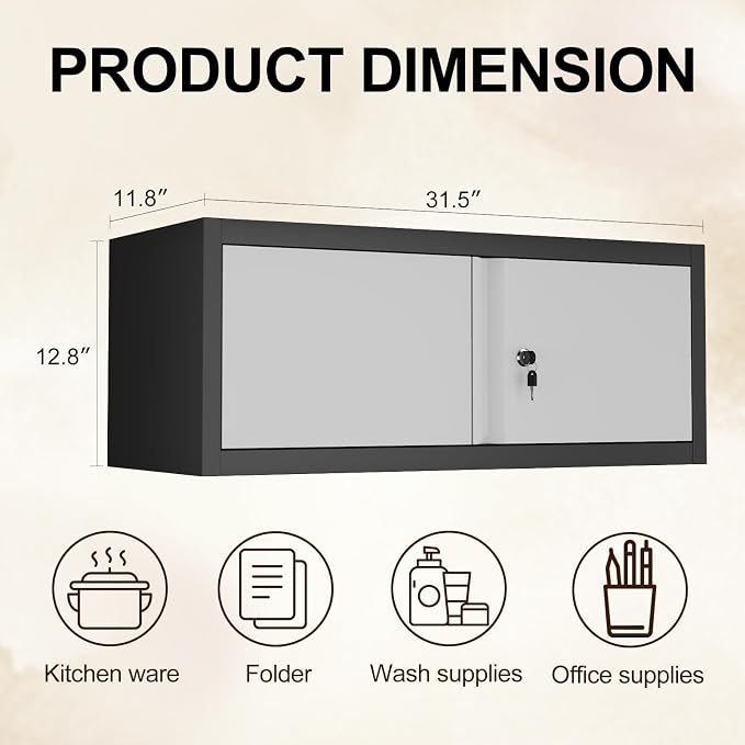 Metal Wall Cabinet with Doors,Garage Storage Cabinet Wall Mounted,Lockable Cabinets for Home Office,Garage,Warehouse,Grey-Black