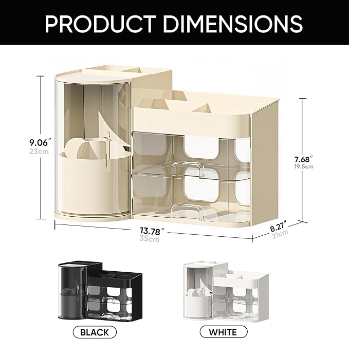Makeup Organizer,Rotating Cosmetic Storage Organizer with Drawers,Large Capacity Makeup Brush Holder,Skincare Vanity Organizer for Bathroom Countertop,Cream.