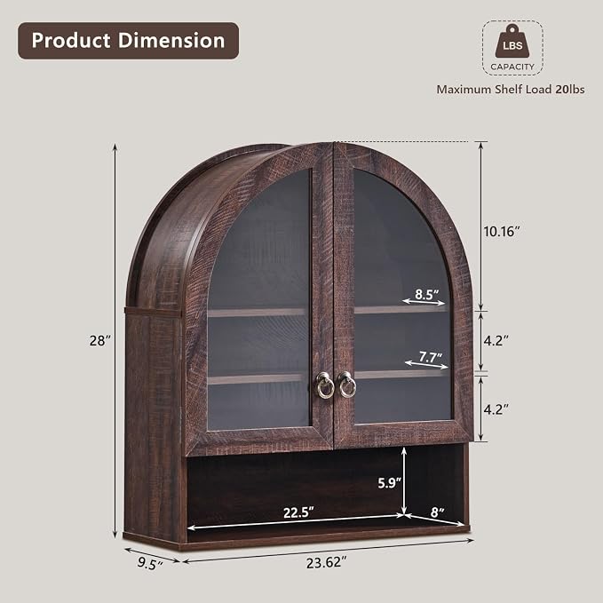 IFGET Bathroom Arched Wall Cabinet, 23.6'' Wide Medicine Cabinet with Adjustable Shelves & Glass Doors, Over The Toilet Storage Wall Mount Cabinet for Laundry Room, Kitchen & Living Room, Dark Walnut