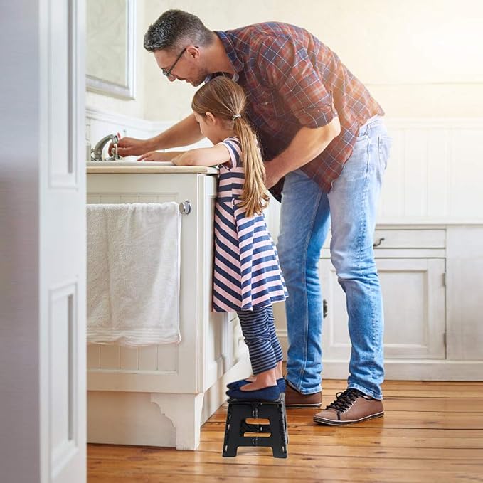 Folding Step Stool 9 Inch, Non-Slip Foldable Stools for Kids, Black | Heavy Duty Collapsible Foot Stool, Lightweight, Holds 300 lb for Toddler/Adults Kitchen Bathroom Bedroom Outdoor, with Handle