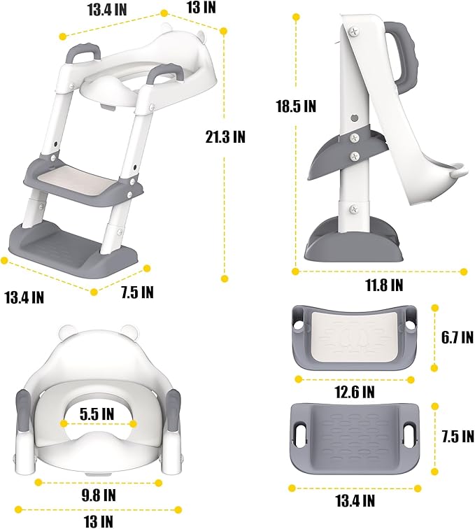 HBTower Potty Training Seat with Step Stool Ladder & Safety Handles,Grey | Foldable Toddler Toilet Seat with Splash Guard for Boys and Girls, Comfortable Kids Potty Cushion & Anti-Slip Pads