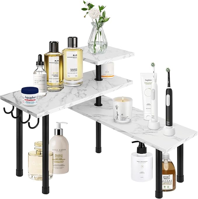 Bathroom Counter Corner Shelf, 3 Tier Kitchen Countertop Organizer for Over The Sink, Make Up, Dresser Table, White Marble