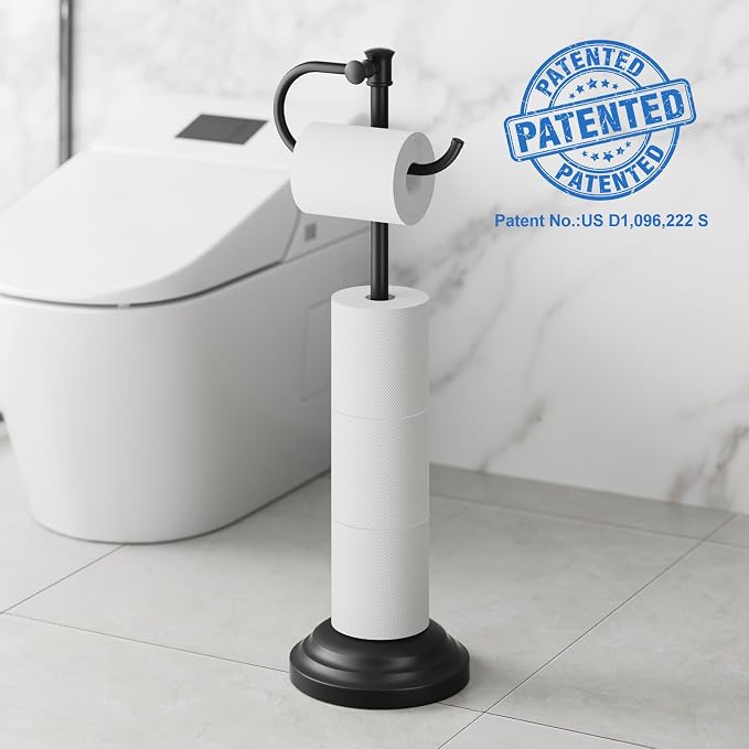 RUMOSE Toilet Paper Holder Stand for Floor Free Standing, Black | Bathroom Freestanding Toilet Tissue Roll Holder with Storage, Adjustable 17-25 Inch, Rustproof, SUS304 Stainless Steel