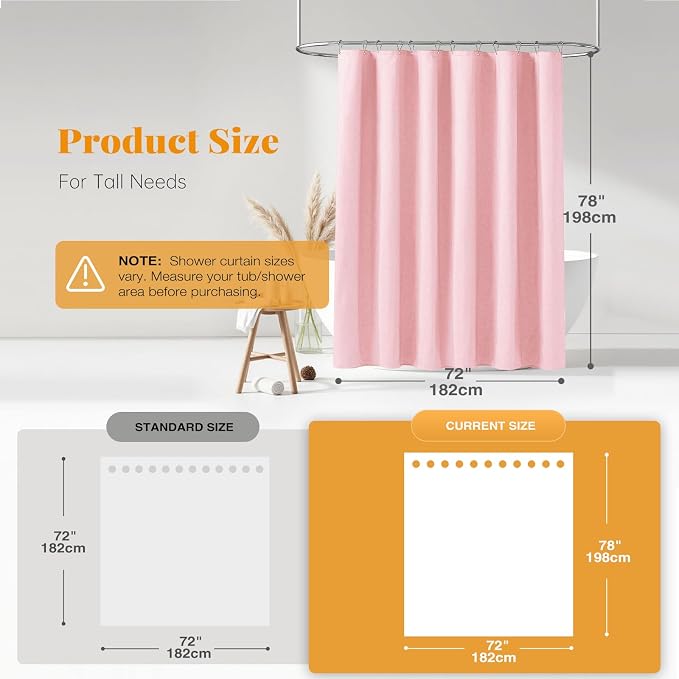 72x78 Linen Textured Waterproof Thick Fabric Shower Curtain Set, Pink | Long Size, 230GSM Polyester, Heavy Duty Cloth, Weighted Hem, 12 Plastic Hooks, Modern Luxury Hotel Style, Machine Washable