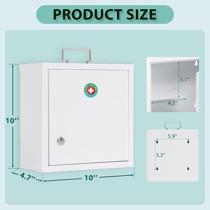 KYODOLED Locking Medication Lock Box with Keys, Wall Mount, White | 10 x 4.7 x 10 inch, steel durability, locking controlled access, child safe out of reach storage, home & first aid use