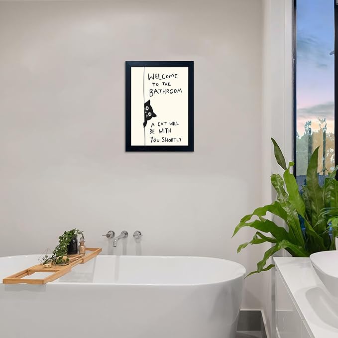 Framed Black and White Bathroom Wall Decor Welcome to the Bathroom Wall Art A cat Will be With You Shortly Funny Cat Lover Canvas Print Poster Modern Home Decor