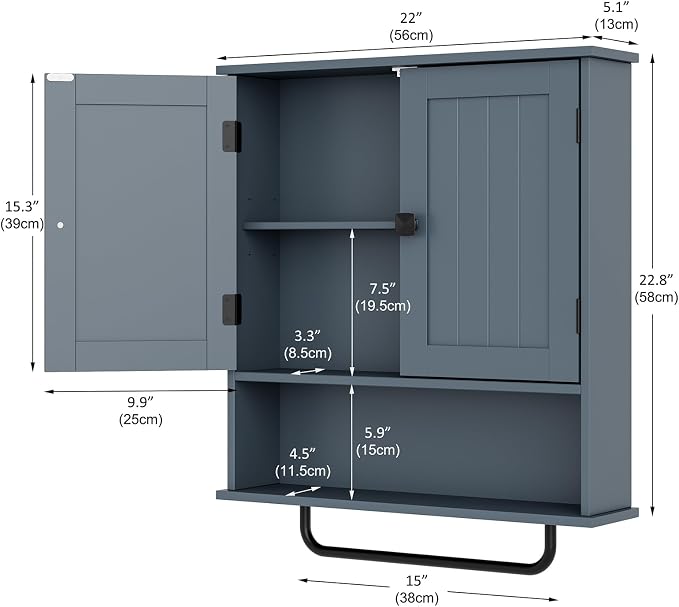 RRX Bathroom Cabinet Wall Mounted Medicine Cabinets with Towels Bar, Over The Toilet Storage Cabinet with 2 Doors and Adjustable Shelf, White Wall Cabinet for Bathroom Laundry Kitchen,Gray