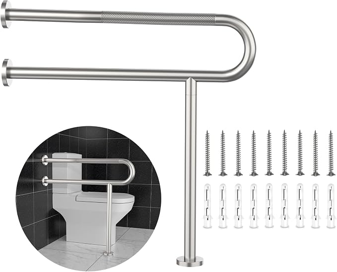 Toilet Grab Bar 32 Inch,YuanDe Wall to Floor Brushed Nickel Safety Grab Bar | Anti-Slip Knurled Grip,Stainless Steel Bathroom Handicap Grab Bar with Leg,Support Bar for Disabled Elderly Pregnant