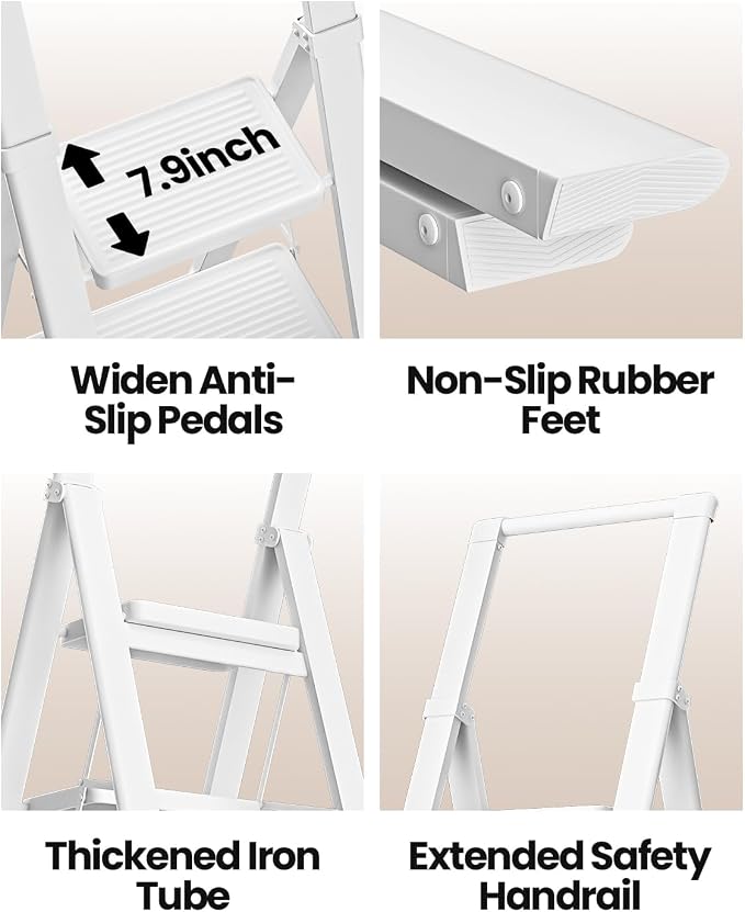 4 Step Ladder, Lightweight Folding Step Stool, Pure White | Reach 8ft;Anti-Slip Wide Pedal;Portable Handrail;Space-Saving;For Kitchen, Home, Library, Office Use;300lbs Capacity