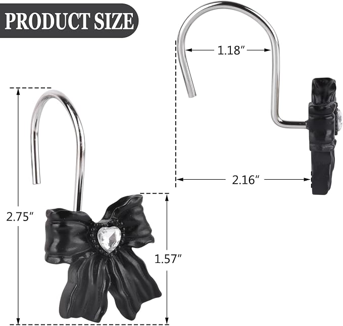 12PCS Shower Curtain Hooks Rings,Black Bow Decorative Shower Curtain Hooks | Modern Home Decorativ Rust Resistant Hangers Shower Hooks for Bathroom Shower Rod,Bedroom,Living Room