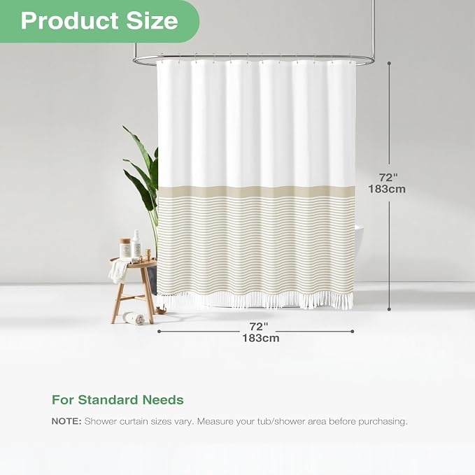 Cream Fabric Shower Curtain, Farmhouse Boho Striped Tassel Shower Curtains for Bathroom, Bohemian Textured Cloth Shower Curtain Set with Hooks, Water Repellent, Wrinkle Free, 72x72