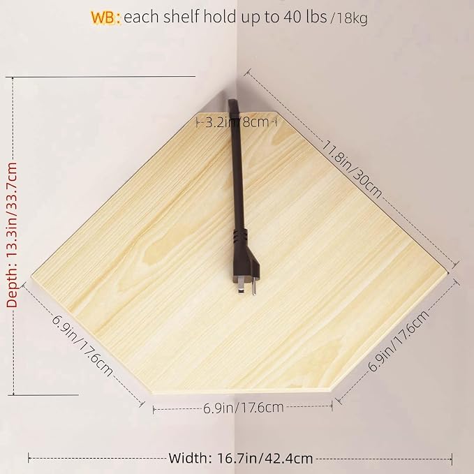 JJL Corner Shelves, 12 Inch Corner Shelf Wall Mounted with Wire Hole, 2 Tier 13.3 Inch Deep Wooden Corner Hanging Shelving for Wall Storage, for Speaker, Cable Box, Light White